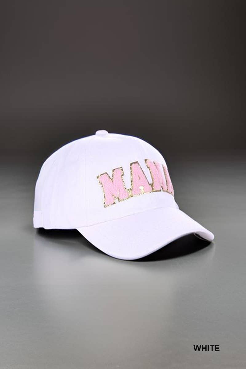 Mama Chenille Patch Cotton Baseball Cap Hat: WHITE