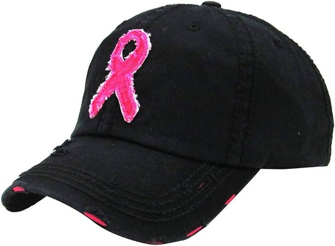 Distressed Patch Hat:  Pink Ribbon (Black)