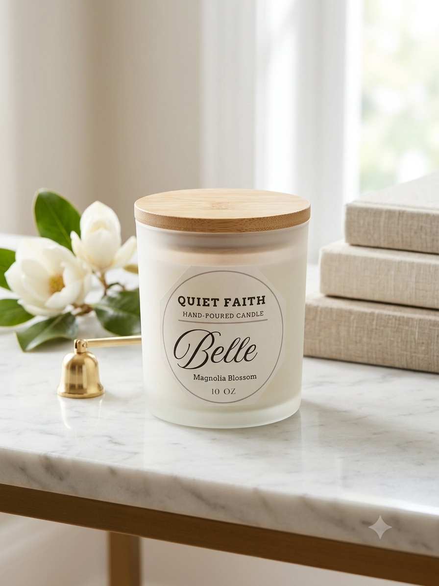 A frosted glass jar candle with a light wood lid sits on a marble surface in a bright, softly lit room. The front label reads 'QUIET FAITH' and 'Belle Magnolia Blossom.