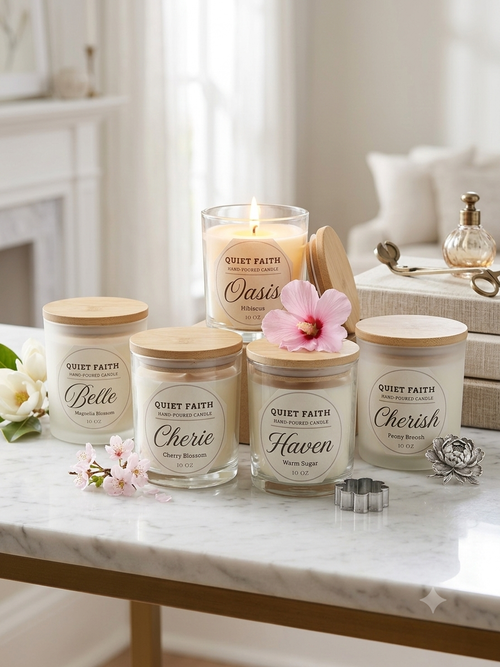 Five Quiet Faith scented candles in clear glass jars with light wood lids are arranged on a marble table in a bright, elegant room. One candle is lit in a glass holder behind the jars.