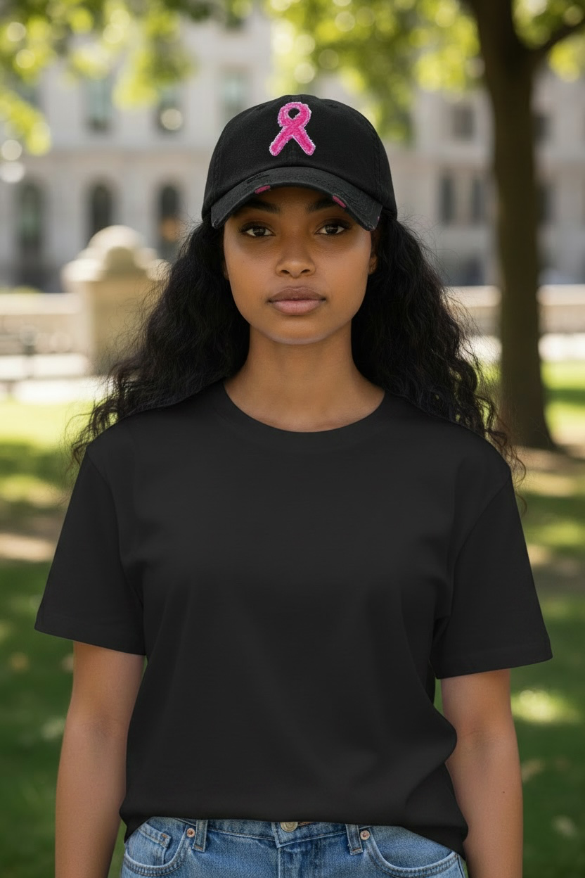 Distressed Patch Hat:  Pink Ribbon (Black)