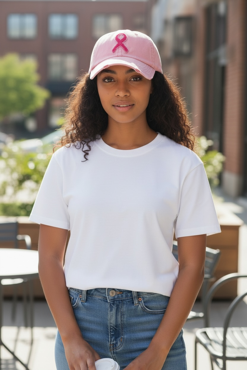 Distressed Patch Hat:  Pink Ribbon (Light Pink)