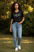 HER Worth is Priceless V-Neck Tee in Black worn by model outdoors