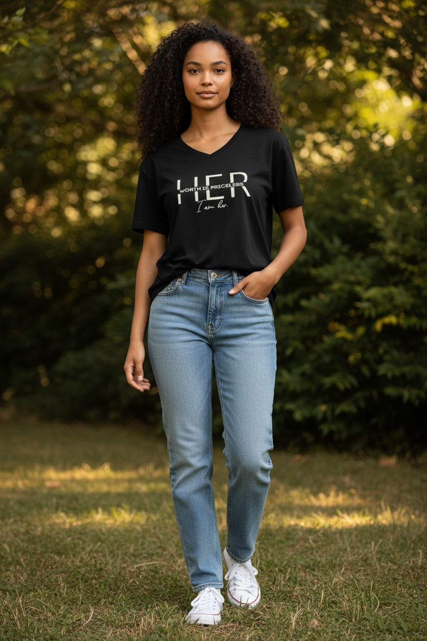 HER Worth is Priceless V-Neck Tee in Black worn by model outdoors