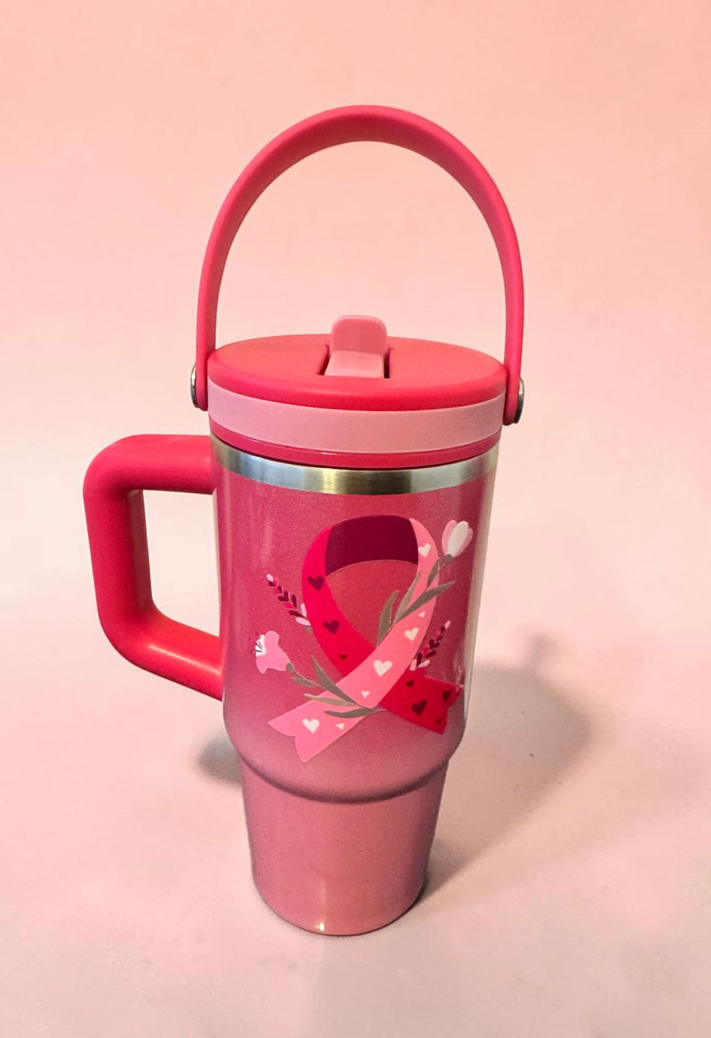 Pink ribbon floral 20oz tumbler mug with carry handle and flip lid