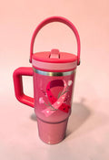 Pink ribbon floral 20oz tumbler mug with carry handle and flip lid