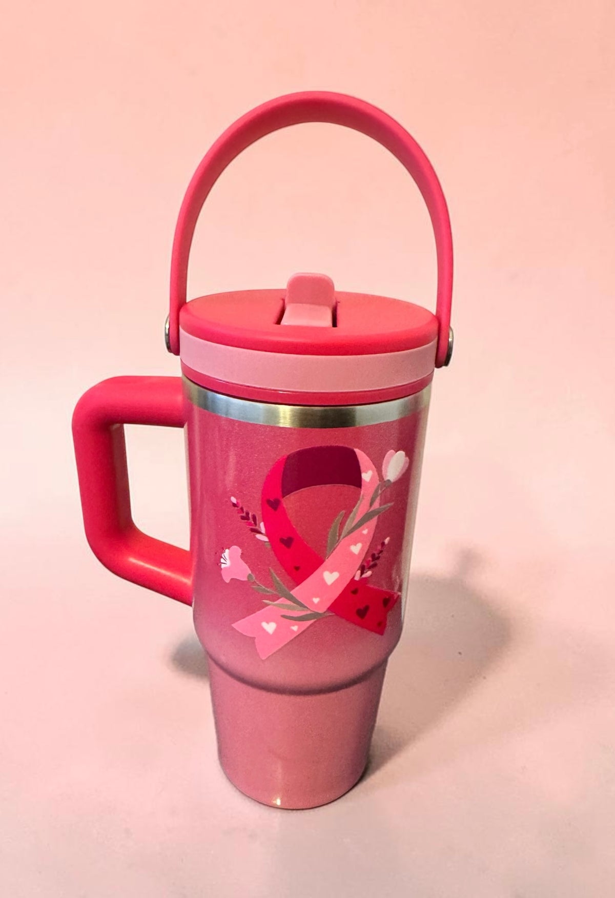 Pink ribbon floral 20oz tumbler mug with carry handle and flip lid