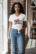 Model wearing white All Warriors Have Scars V-neck tee with pink ribbon design