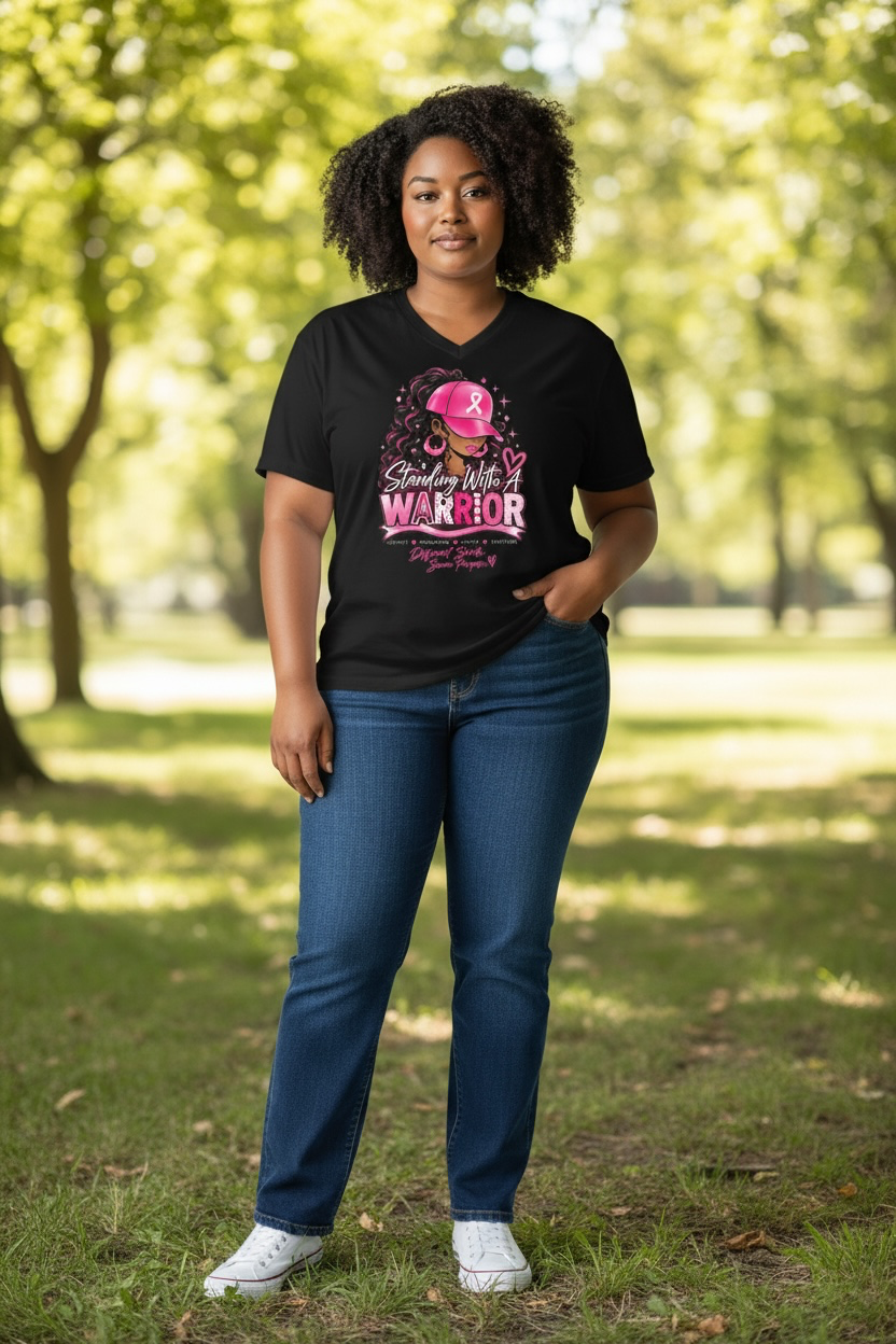 Model wearing a black Standing With a Warrior tee with pink ribbon design
