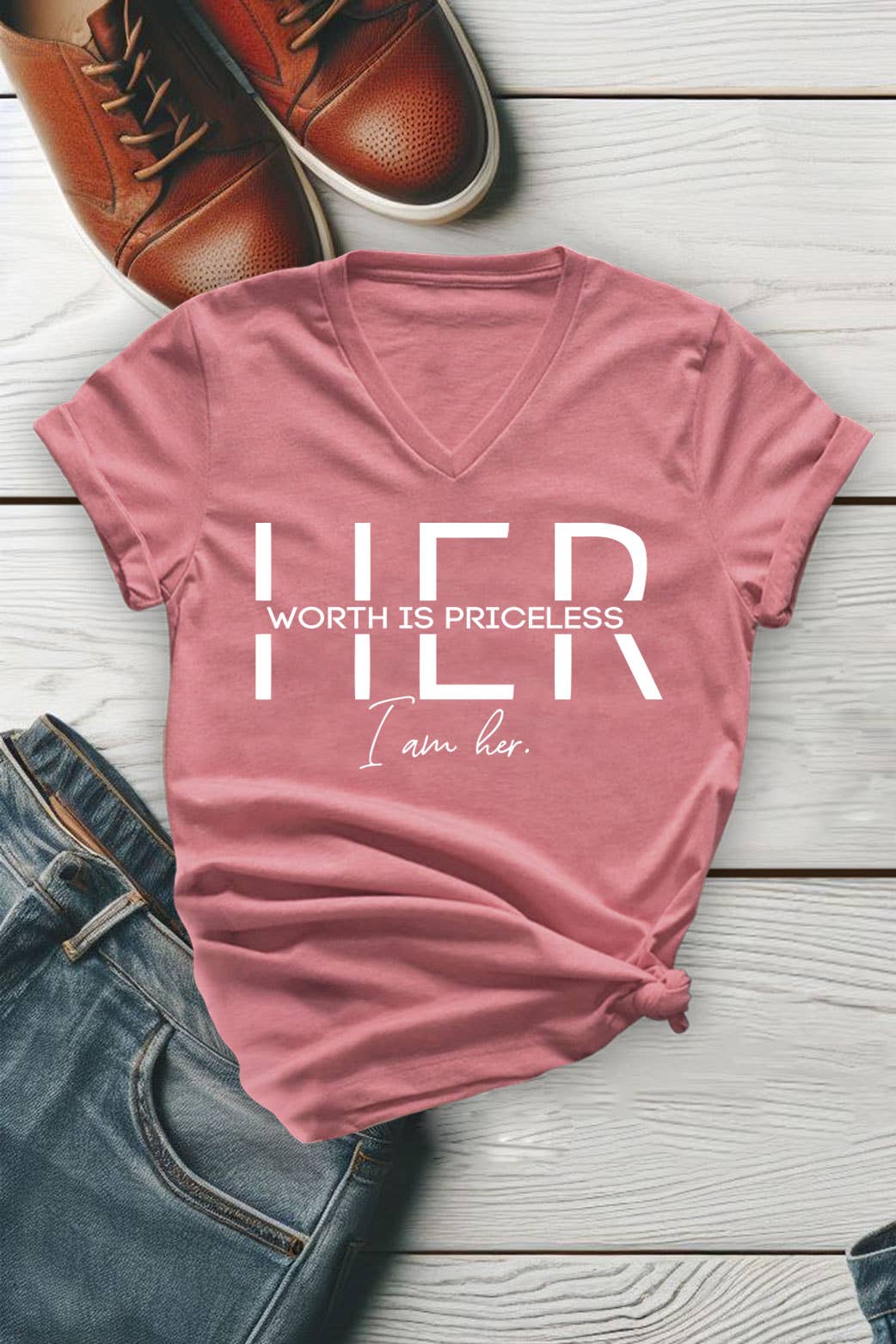 Quiet Faith Her Worth is Priceless Women’s V-Neck Graphic Tee – Empowerment Shirt, Sizes S–L