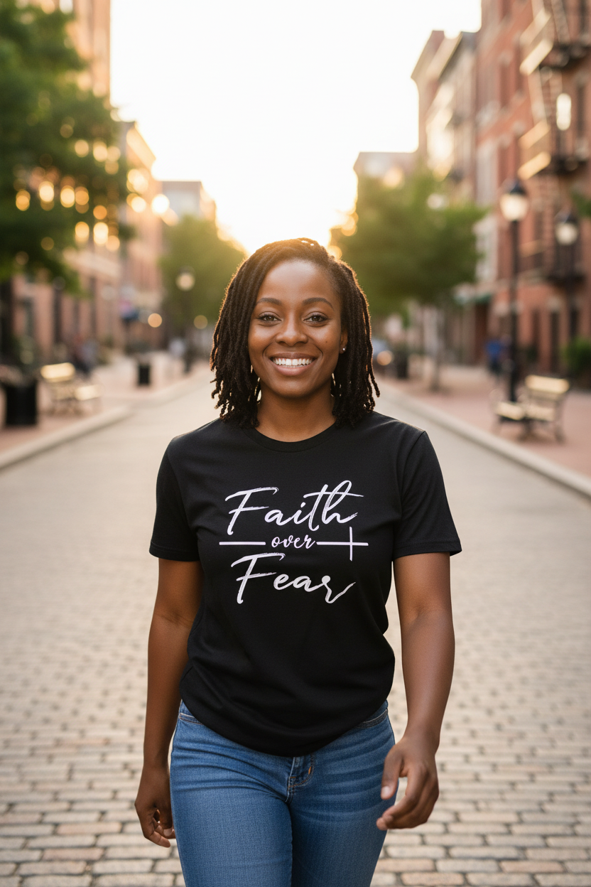 Woman wearing black Faith Over Fear tee outdoors in golden hour light