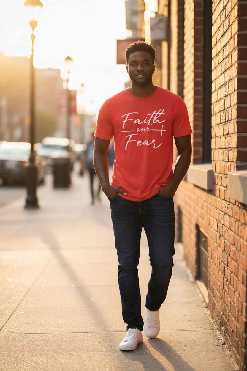 Man wearing red Faith Over Fear tee on urban street in golden hour light
